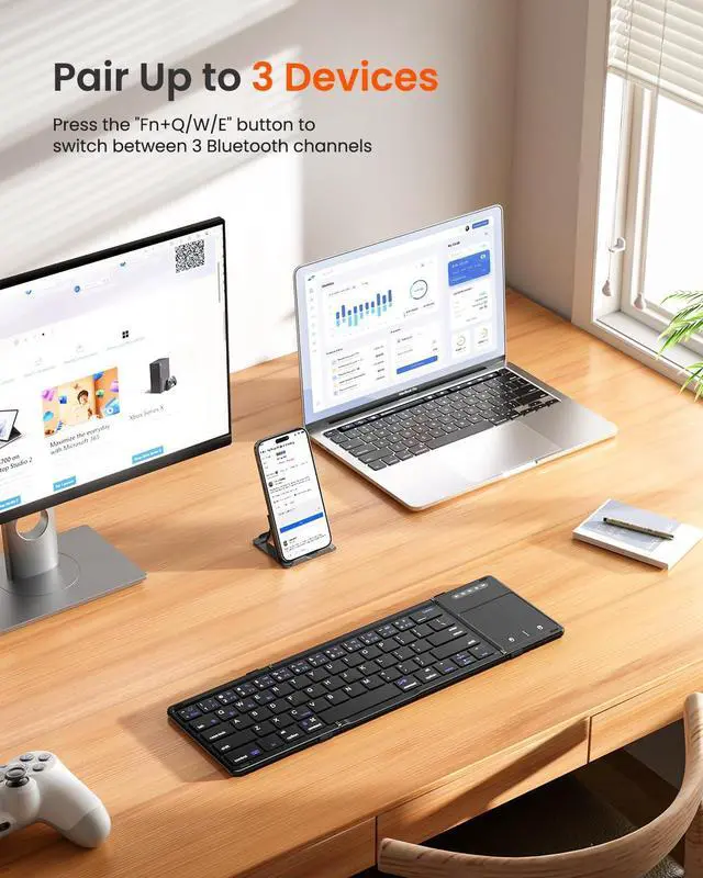 Alt view image 2 of 5 - Foldable Bluetooth Keyboard, Portable Wireless Folding Keyboard with touchpad, Travel Pocket for iOS, Mac OS, Android, Windows Laptop Tablet Smartphone (BT5.1 x 3)