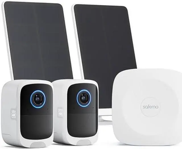 Main image of Safemo 4K Wireless Security Camera Outdoor System, 2-Camera & Hub Set P1 with 5W Solar Panels, Color Night Vision, Local AI & Storage, Built-in Siren, 2-Way Audio, Works with Alexa, No Monthly Fee