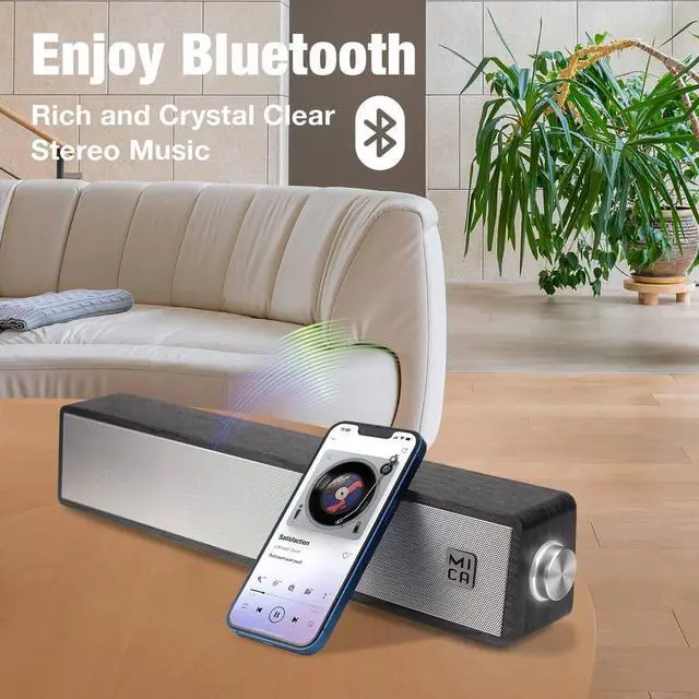 Alt view image 2 of 5 - MICA Bluetooth Computer Speakers, Angled Wooden PC Speakers, 3.5mm Aux-in Connection, Wired USB Powered Computer Sound Bar for Desktop Monitor, Laptop, Tablet - Gray (M30T)