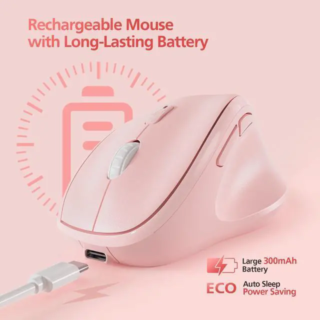 Alt view image 4 of 5 - Micropack Vertical Mouse Multi-Device, 3-Mode Bluetooth 5.0 & 3.0 Mouse 2.4G Wireless Mouse with Adjustable DPI & Silent Click for Laptop, MacBook, PC, Windows, Android, iOS, MacOS, Pink