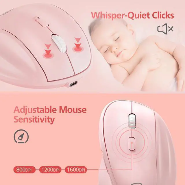 Alt view image 5 of 5 - Micropack Vertical Mouse Multi-Device, 3-Mode Bluetooth 5.0 & 3.0 Mouse 2.4G Wireless Mouse with Adjustable DPI & Silent Click for Laptop, MacBook, PC, Windows, Android, iOS, MacOS, Pink