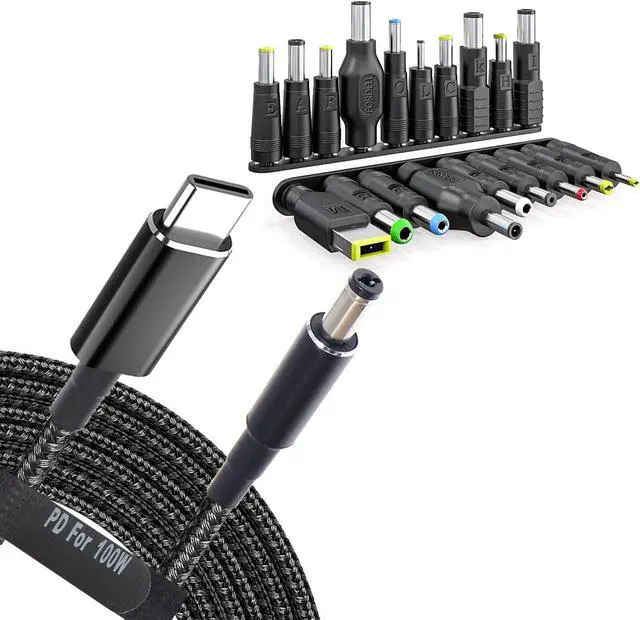 Main image of USB C to DC Adapters 19 Set Power Plug Kit - Universal Charger Supply Cable Braided PD Cord & 5.5x2.1mm Round Barrel Jack for MSI Acer Asus Thinkpad IBM Lenovo Dell HP Laptop Charging Connector Tips