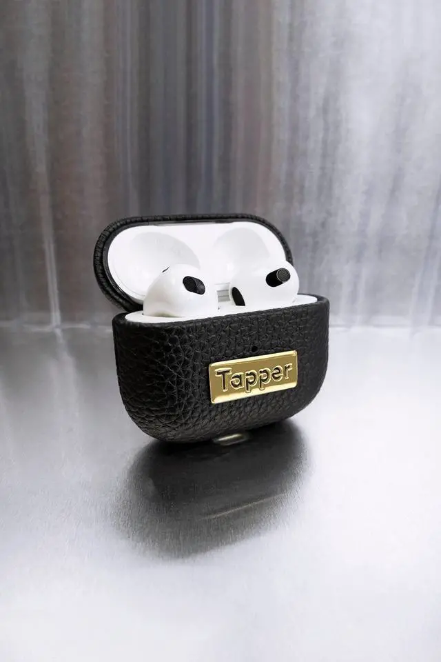 Alt view image 2 of 5 - Tapper Black Leather / 18K Gold Plated Case for AirPods (3rd generation)