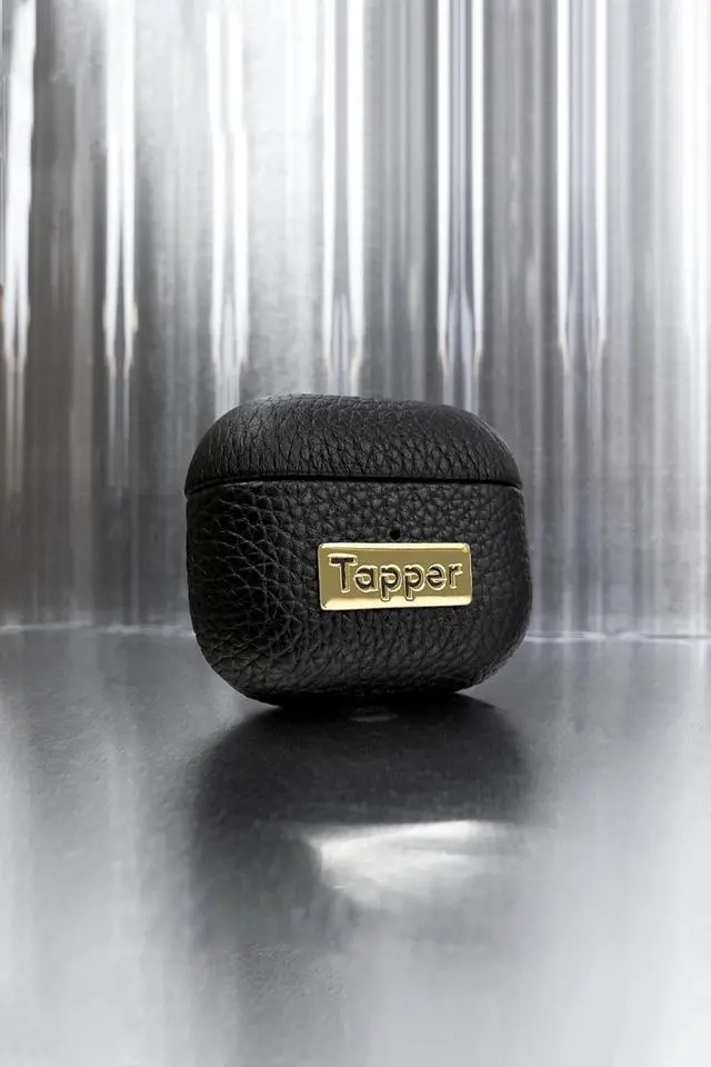 Alt view image 3 of 5 - Tapper Black Leather / 18K Gold Plated Case for AirPods (3rd generation)