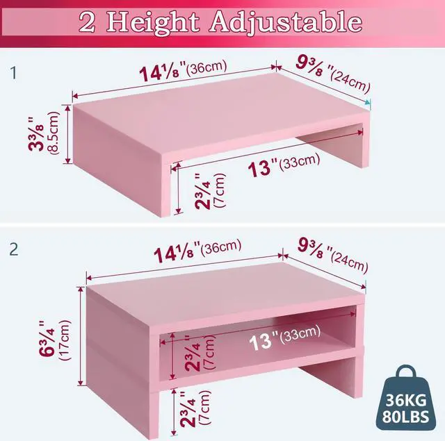 Alt view image 4 of 5 - TEAMIX Pink Monitor Stand Riser-2 Pack,Wood 2 Tier Adjustable Monitor Stand Dual Monitor Riser for 2 Monitors/Laptop/PC Computer Stand for Desk