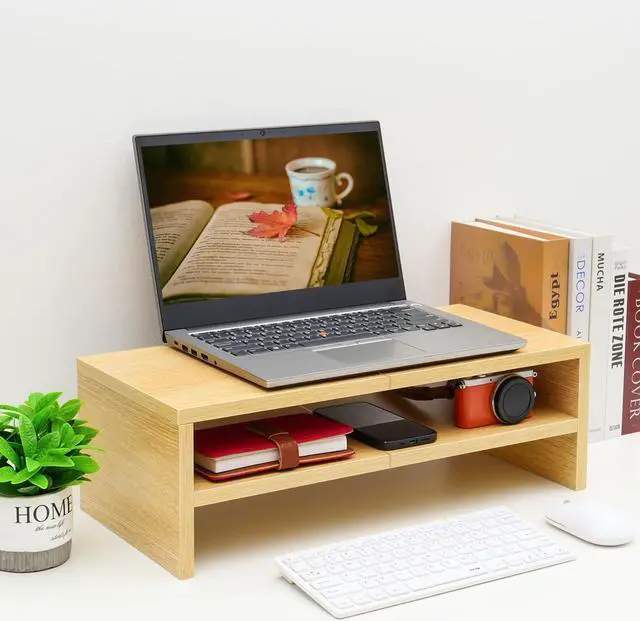 Alt view image 3 of 5 - TEAMIX 2 Tiers Desktop Monitor Stand Riser 20 Inch Printer Stand with Storage Small TV Riser Laptop Wooden Desk Organizer Shelf Bookshelf Maple (Natural Maple, 2 tiers)