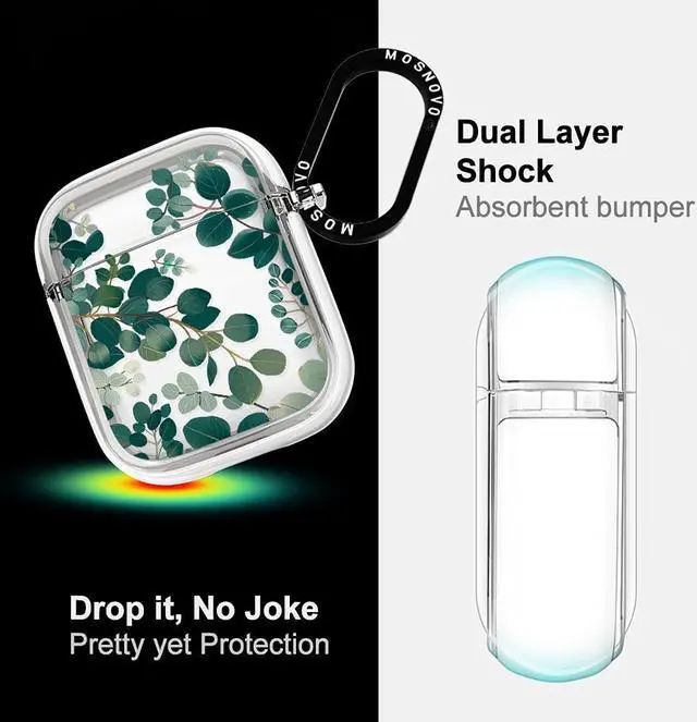 Alt view image 4 of 5 - MOSNOVO for Airpods 1 Case, for Airpods 2 Case, Eucalyptus Print Protective Clear Case with Shockproof Dual Layer Hard Luxe Metal Ring Designed for AirPods 1&2 Generation