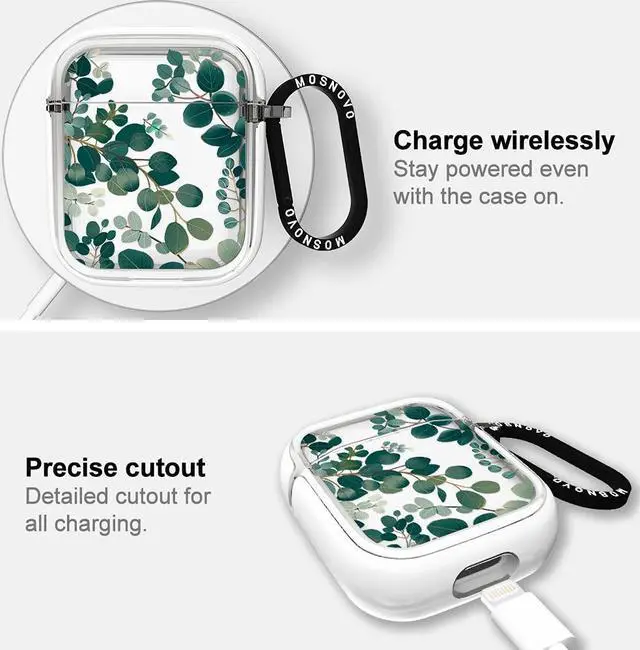 Alt view image 5 of 5 - MOSNOVO for Airpods 1 Case, for Airpods 2 Case, Eucalyptus Print Protective Clear Case with Shockproof Dual Layer Hard Luxe Metal Ring Designed for AirPods 1&2 Generation