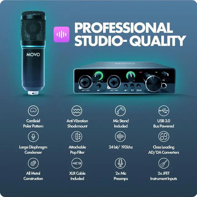 Alt view image 4 of 5 - Movo PodPakA Universal Cardioid Condenser Microphone Kit with MDX-1 2x2 Audio Interface with Articulating Scissor Arm Mic Stand - Podcast Equipment Set for YouTube, Podcast, Streaming