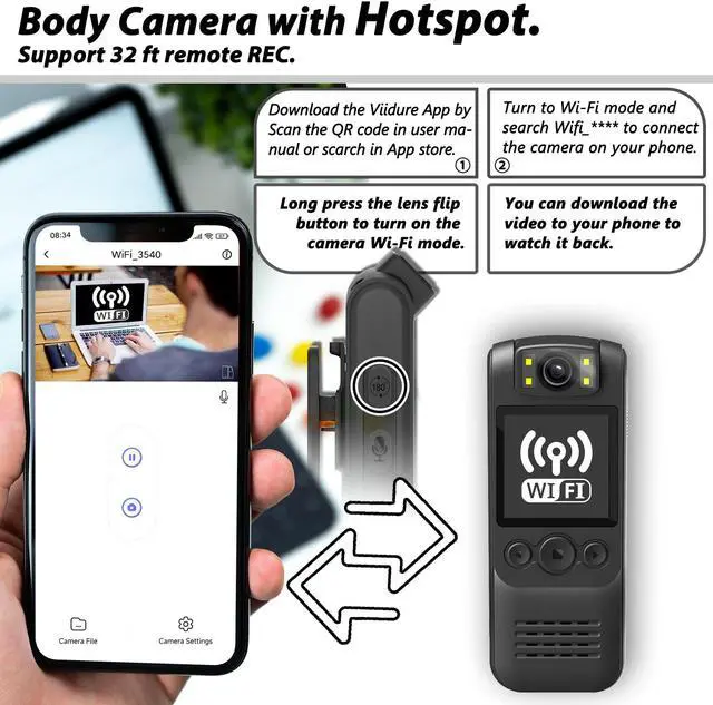 Alt view image 2 of 5 - Muayb Body Camera 1080P HD Recorder 64GB with Audio&Video/ 180deg Rotating Lens/Hotspot Connection/Loop Recording/Image Mirroring/Back Clip for Cycling/Travel (Basic version)