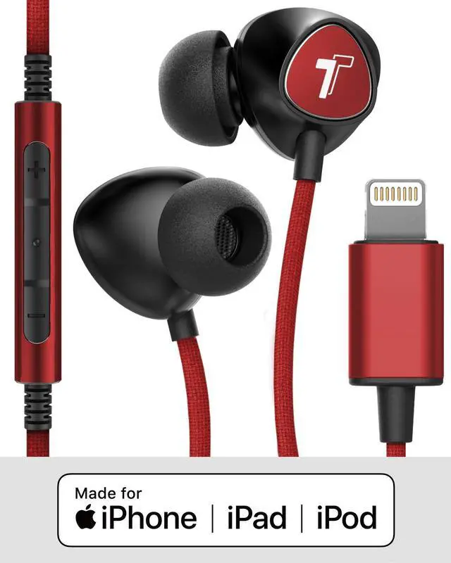 Alt view image 5 of 5 - Thore iPhone Earphones (Apple MFi Certified) V110 in Ear Braided Wired Lightning Earbuds (Sweat/Water Resistant) Headphones with Mic/Volume Remote for iPhone 12/13/14 Pro Max - Red