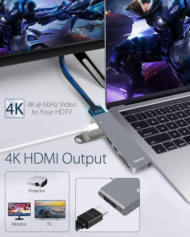 Alt view image 5 of 5 - TWOPAN USB C Hub for MacBook Pro, 7 in 2 USB C to 4K HDMI Multiport Adapter, Thunderbolt PD Port, USB 3.0 Ports, SD/TF Card Reader for MacBook Air/Pro 2020/2019/2018
