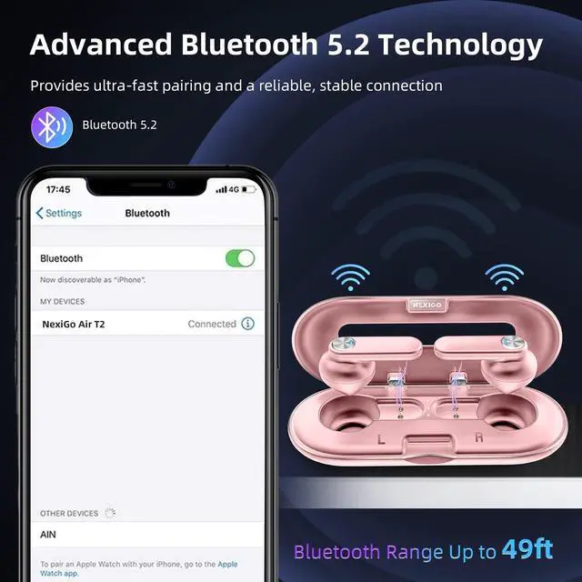 Alt view image 4 of 5 - NexiGo Air T2 (Gen 2) Ultra-Thin Wireless Earbuds, Qualcomm QCC3040, Bluetooth 5.2, 4-Mic CVC 8.0 Noise Cancelling for Clear Calls, Volume Control, aptX, 28H Playtime, IPX5, Rose Gold
