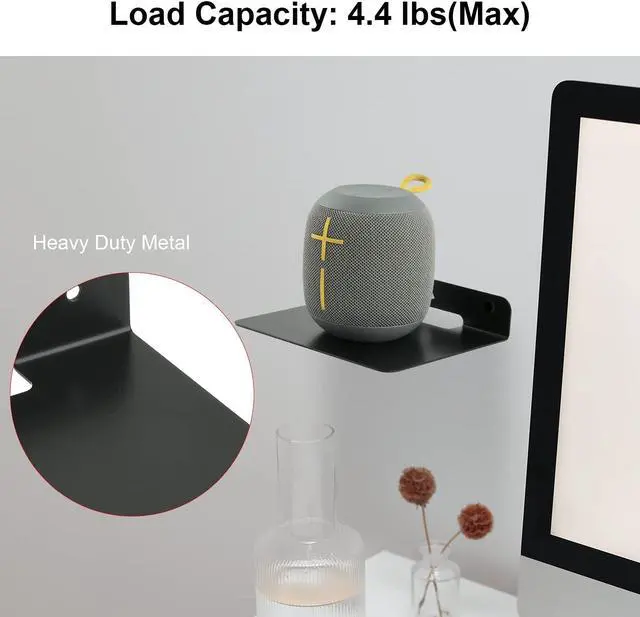 Alt view image 2 of 5 - TXEsign Small Floating Shelves 6" Speaker Shelf-2 Pack Small Shelf Metal Speaker Mount Shelves for Bluetooth Speaker, Webcam, Cell Phones, Mesh Router,Toy Display Shelf Speakers Shelf (Black, 2)