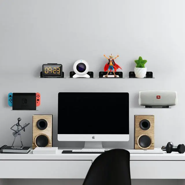 Alt view image 5 of 5 - TXEsign Small Floating Shelves 6" Speaker Shelf-2 Pack Small Shelf Metal Speaker Mount Shelves for Bluetooth Speaker, Webcam, Cell Phones, Mesh Router,Toy Display Shelf Speakers Shelf (Black, 2)