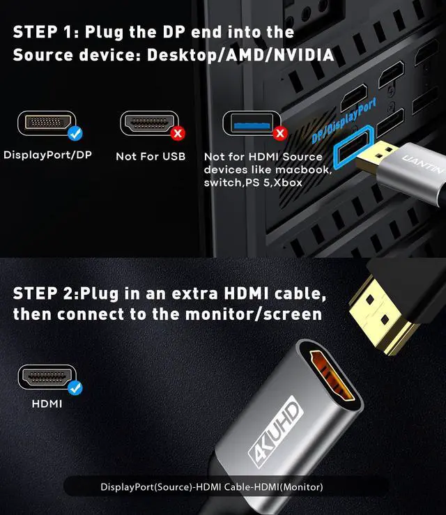 Alt view image 4 of 5 - UANTIN 10-Pack Display Port to HDMI 4K Adapter | Braided DP DisplayPort Male to HDMI Female Uni-Directional Converter for PC Dell HP AMD NVIDIA Laptop HDTV Monitor and Other Passive