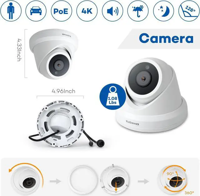 Alt view image 4 of 5 - ONWOTE 4K 8MP UltraHD PoE IP Security Camera Turret, AI Human Vehicle Detection, 3840x2160 8 Megapixels, 128deg Field of View, Video Audio, Indoor Outdoor, 100ft IR, Add-on Camera to PoE NVR System