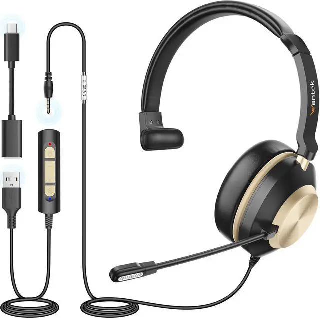 Main image of Wantek USB Headset with Microphone, Type-c/USB/3.5mm Jack 3-in-1 PC Headsets, Single Ear (Monaural) Headsets with Noise Cancelling and Volume Control for Call Centers, Skype, Zoom, Office,Business