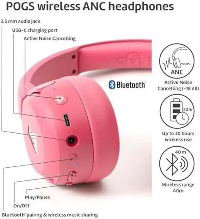 Alt view image 2 of 5 - POGS Wireless Over-Ear Noise Cancelling Headphones | The Turtle | Adjustable and Durable Headphones | Volume Limited 85 dB, Microphone | Wireless Music-Sharing Function (rPink)