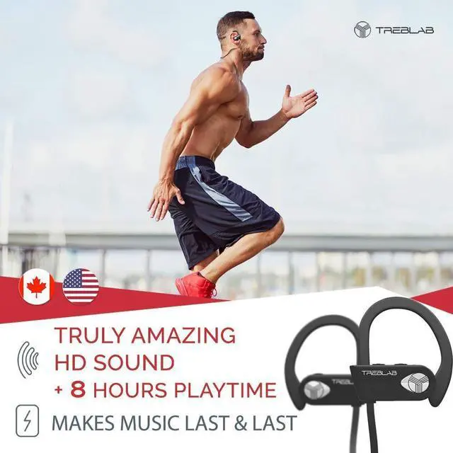 Alt view image 3 of 5 - TREBLAB XR500 Bluetooth Headphones, Best Wireless Earbuds for Sports, Running Gym Workout. IPX7 Water Resistant, Sweatproof, Secure-Fit Headset. Noise Cancelling Earphones w/Mic