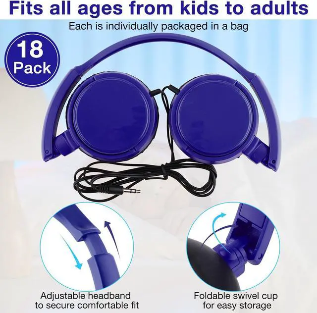 Alt view image 2 of 5 - Yunsailing 18 Pack Classroom Headphones Bulk Student Wired Class Headphones Set for Kids School with Individually Wrapped Adjustable Over Ear Head Earbuds(Navy Blue)