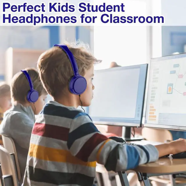 Alt view image 3 of 5 - Yunsailing 18 Pack Classroom Headphones Bulk Student Wired Class Headphones Set for Kids School with Individually Wrapped Adjustable Over Ear Head Earbuds(Navy Blue)