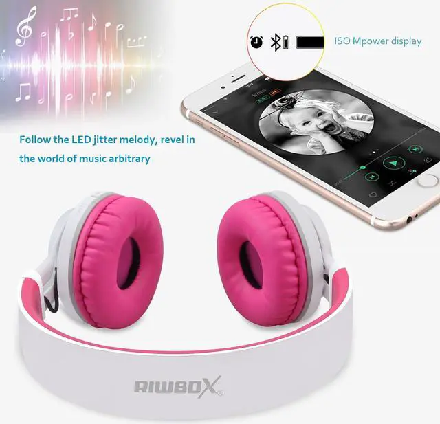 Alt view image 4 of 5 - Riwbox WT-7S Bluetooth Headphones Light Up, Foldable Stero Wireless Headset with Microphone and Volume Control for PC/Tablet/TV/Travel (Pink)