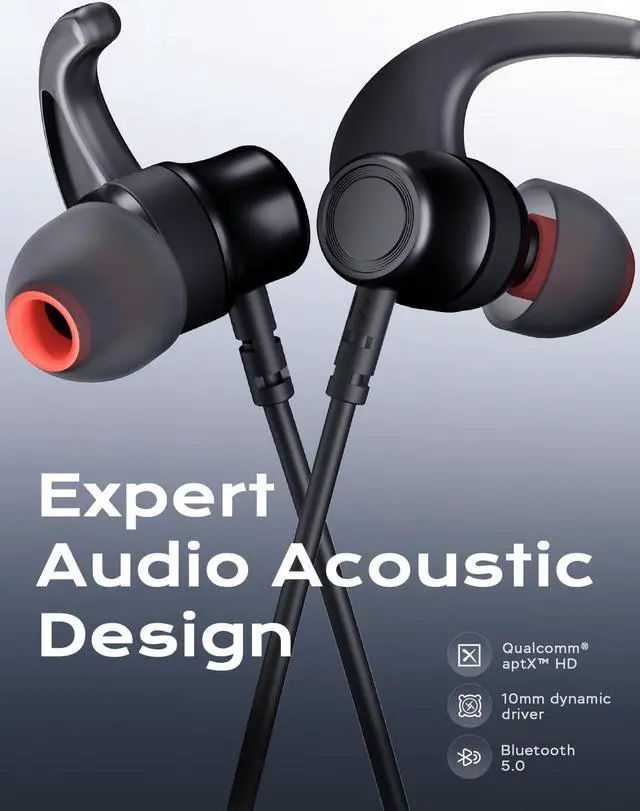 Alt view image 2 of 5 - Rythflo Bluetooth Headphones, aptX-HD Wireless 5.0 Bluetooth Earbuds w/Mic in-Ear Magnetic Neckband Earphones 30Hrs Playtime w/Earhooks, IPX7 Sweatproof Deep Bass Headset for Phone Call Music Sports