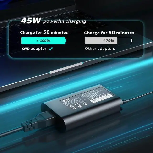 Alt view image 3 of 5 - 45W USB C AC Power Adapter, QYD Type C Laptop Charger Compatible with Dell XPS 13 9300 9305 9315 9305 9310 7390 2in1 Latitude 7389 3390 5285 5289 5290 7285 7370 7200 7210 Power Supply Cord