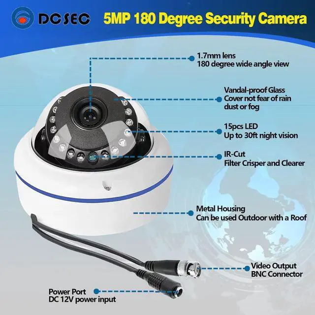 Alt view image 3 of 5 - 5MP 4MP 180 Degree Wide Angle Dome Security Camera HD-TVI/CVI/AHD/960H Analog 4 in 1 Super Hybrid HD CCTV Surveillance 1.7mm Fisheye Lens Outdoor/Indoor IR Day&Night Vision Home Cam