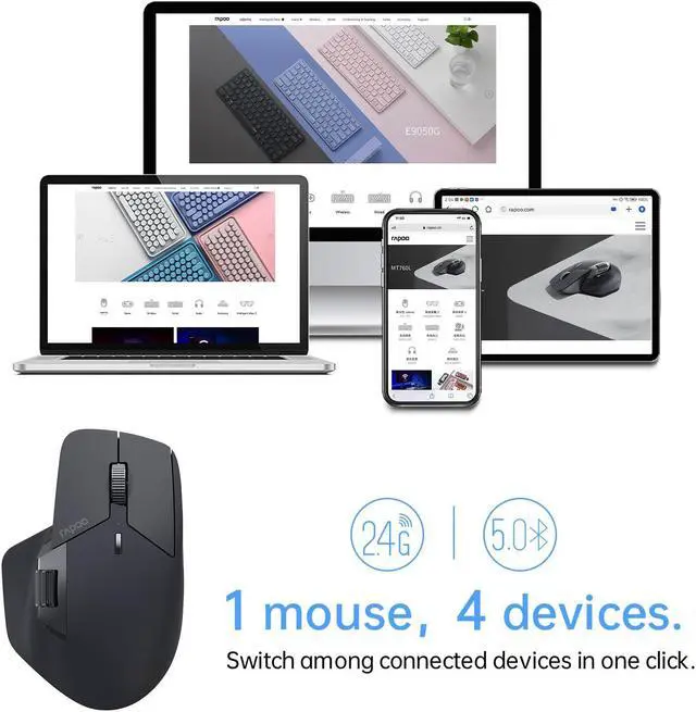 Alt view image 3 of 5 - Rapoo MT760 Multi-Device Wireless Mouse, Bluetooth 5.0 and 2.4G Multi-Mode Connection, Up to 4 Devices, 11 Programmable Buttons, 4K DPI, 90 Days Battery Life, PC, Matte Black