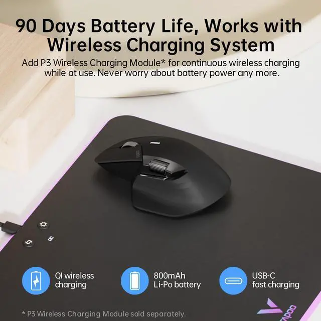 Alt view image 5 of 5 - Rapoo MT760 Multi-Device Wireless Mouse, Bluetooth 5.0 and 2.4G Multi-Mode Connection, Up to 4 Devices, 11 Programmable Buttons, 4K DPI, 90 Days Battery Life, PC, Matte Black