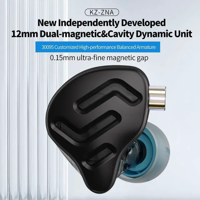 Alt view image 2 of 5 - erjigo KZ ZNA in-Ear Monitors, Upgraded Dynamic Hybrid Dual Driver Earphones, HiFi Stereo IEM Wired Earbuds/Headphones with Detachable Cable for Musician Audiophile (Black, with microphone)