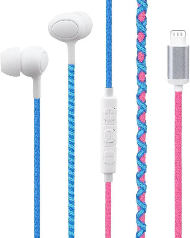 Alt view image 2 of 5 - URIZONS Rope Braided Earphones with Mic Kids Earbuds - in-Ear Lighting Headphones Tangle-Free Cord Wrapped for iPhone 7, 8,11,12.13,14,XR MAX