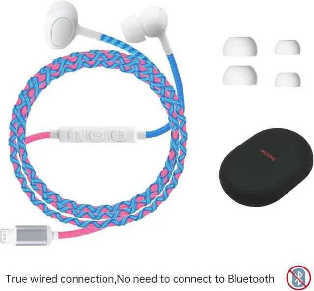 Alt view image 4 of 5 - URIZONS Rope Braided Earphones with Mic Kids Earbuds - in-Ear Lighting Headphones Tangle-Free Cord Wrapped for iPhone 7, 8,11,12.13,14,XR MAX