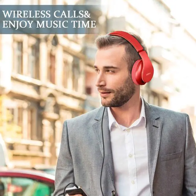 Alt view image 2 of 5 - TUINYO Wireless Headphones Over Ear, Bluetooth Headphones with Microphone, Foldable Stereo Wireless Headset- (RED)