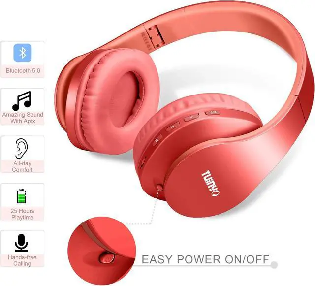 Alt view image 5 of 5 - TUINYO Wireless Headphones Over Ear, Bluetooth Headphones with Microphone, Foldable Stereo Wireless Headset- (RED)