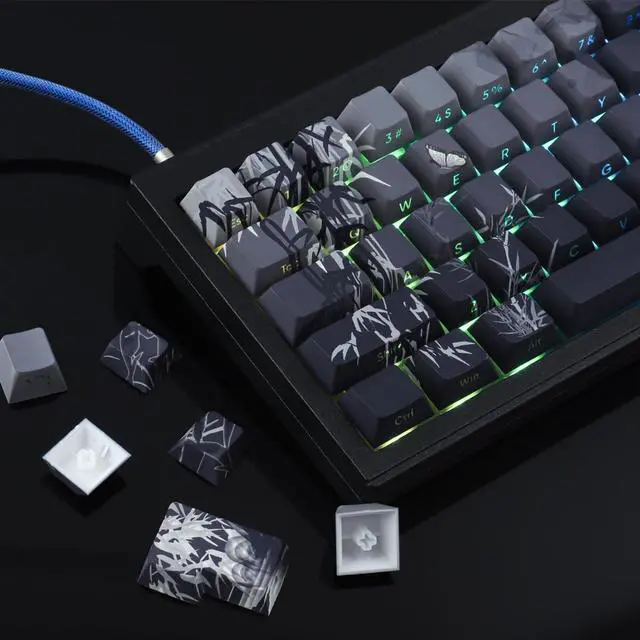 Alt view image 3 of 5 - Tsungup PBT Keycaps - Side Printed Keycap Set,135 Keys Bamboo Sea Custom Keycaps Gradient Grey Shine Through Keycaps,Cherry Profile Keyboard Keycaps for Cherry MX Switches Mechanical Keyboards