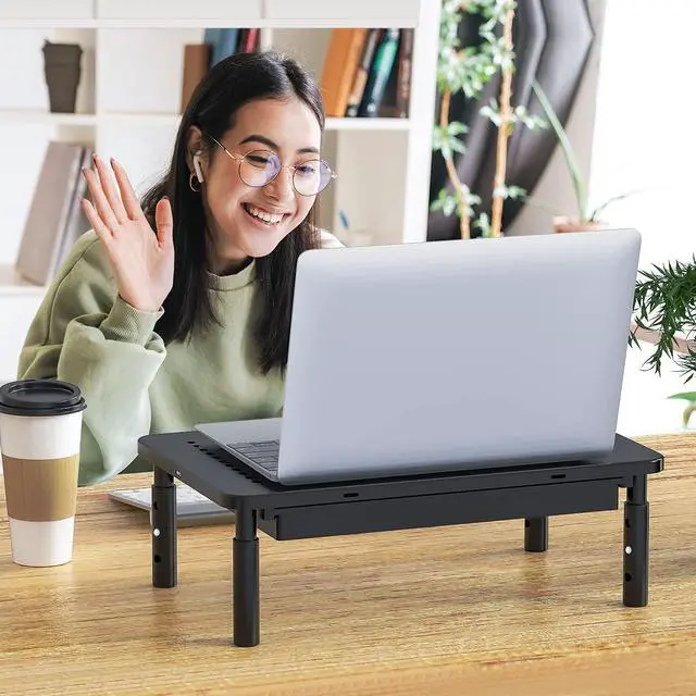Alt view image 2 of 5 - WALI Monitor Stand Riser, Computer Stand for Desk with Storage, 3 Height Adjustable Laptop Stand with Drawer and Phone Holder for Office, Home, School (STT003D-2B), 2 Pack, Black