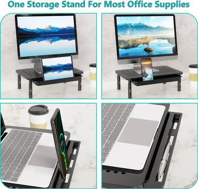 Alt view image 5 of 5 - WALI Monitor Stand Riser, Computer Stand for Desk with Storage, 3 Height Adjustable Laptop Stand with Drawer and Phone Holder for Office, Home, School (STT003D-2B), 2 Pack, Black