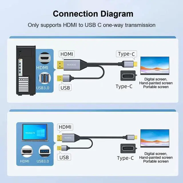 Alt view image 3 of 5 - WJESOG HDMI to USB C Adapter Cable 6.6ft 4K@60Hz with USB Power Adapter,HDMI Male to Type C Male Converter Support Touch for New MacBook Pro,Mac Air,Nreal Air VR