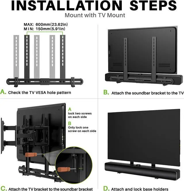 Alt view image 4 of 5 - USX MOUNT Universal Soundbar Mount Sound Bar Mounting Bracket to TV, Soundbar Wall Mount Fits 3 Options with Hole/without