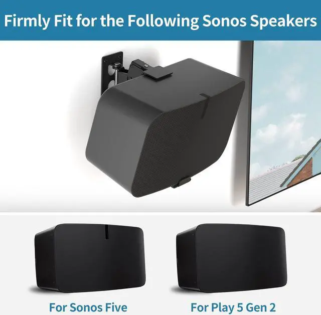 Alt view image 2 of 5 - Yibracki Heavy Duty Speaker Wall Mount for Sonos Five & Play 5 Gen 2 Speaker Mount,Tilt & Swivel Adjustable Speaker Mount for Sonos Play:5 & Sonos 5 Wall Mount, Brackets Hold to 35lbs,2 Pack,Black
