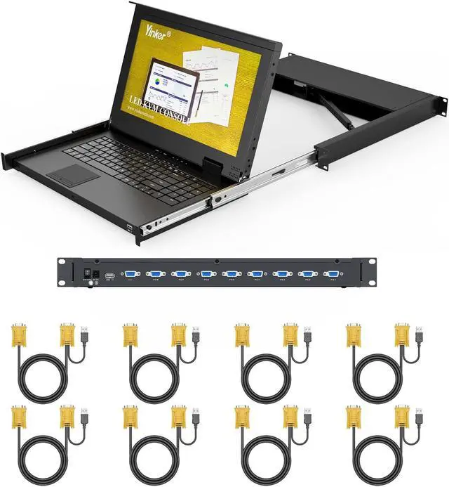 Main image of 8 Port Rack Mount LCD KVM Console, Yinker VGA KVM Switch with 15.6 inch LCD Monitor, Fit 1U 19" Rack 600mm-deep Network Server Cabinet w/Keyboard Touchpad Drawer KVM Cables