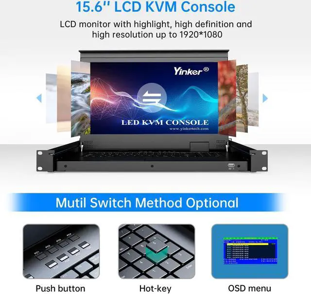 Alt view image 3 of 5 - 8 Port Rack Mount LCD KVM Console, Yinker VGA KVM Switch with 15.6 inch LCD Monitor, Fit 1U 19" Rack 600mm-deep Network Server Cabinet w/Keyboard Touchpad Drawer KVM Cables
