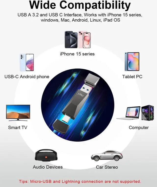 Alt view image 4 of 5 - ySky 256GB USB 3.2 Solid State Flash Drive 1000MB/s High Speed USB C+ USB 3.2 Gen2 Dual Interfaces Thumb Drive, USB C Memory Photo Stick for iPhone15/15 Plus/15 Pro/15 Pro Max/USB-C Phone,Laptop,Mac