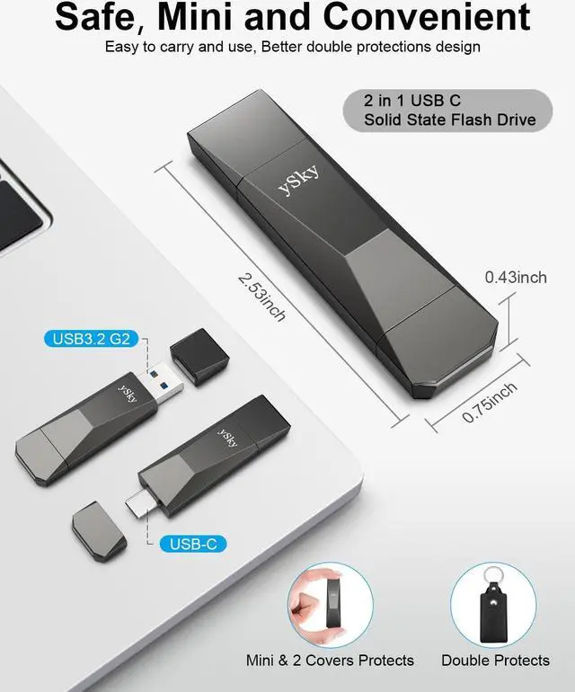 Alt view image 5 of 5 - ySky 256GB USB 3.2 Solid State Flash Drive 1000MB/s High Speed USB C+ USB 3.2 Gen2 Dual Interfaces Thumb Drive, USB C Memory Photo Stick for iPhone15/15 Plus/15 Pro/15 Pro Max/USB-C Phone,Laptop,Mac