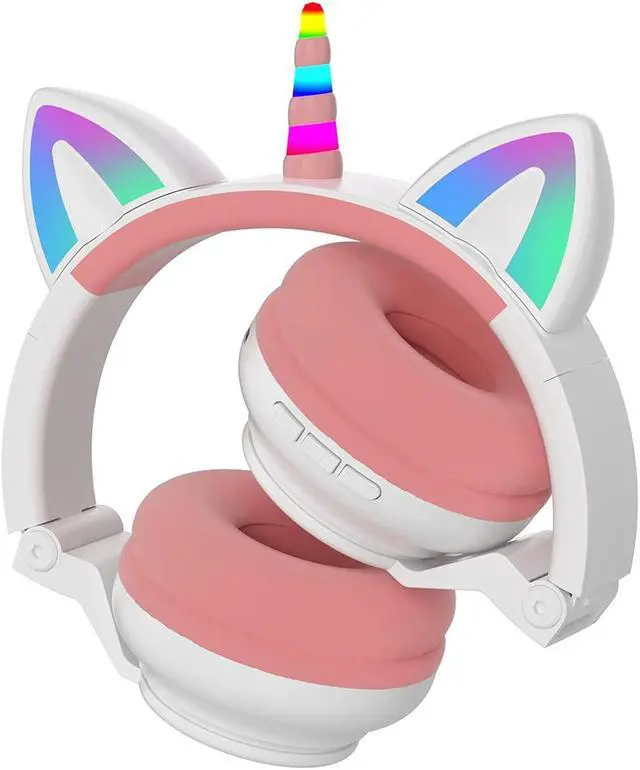 Alt view image 2 of 5 - YUSONIC Unicorn Kids Headphones for Girls,Unicorn Bluetooth Headphones Foldable for Girls Toddlers Tablet/pad/ fire,Light Up Kids Wireless Headphone Birthday Gifts (white pink)