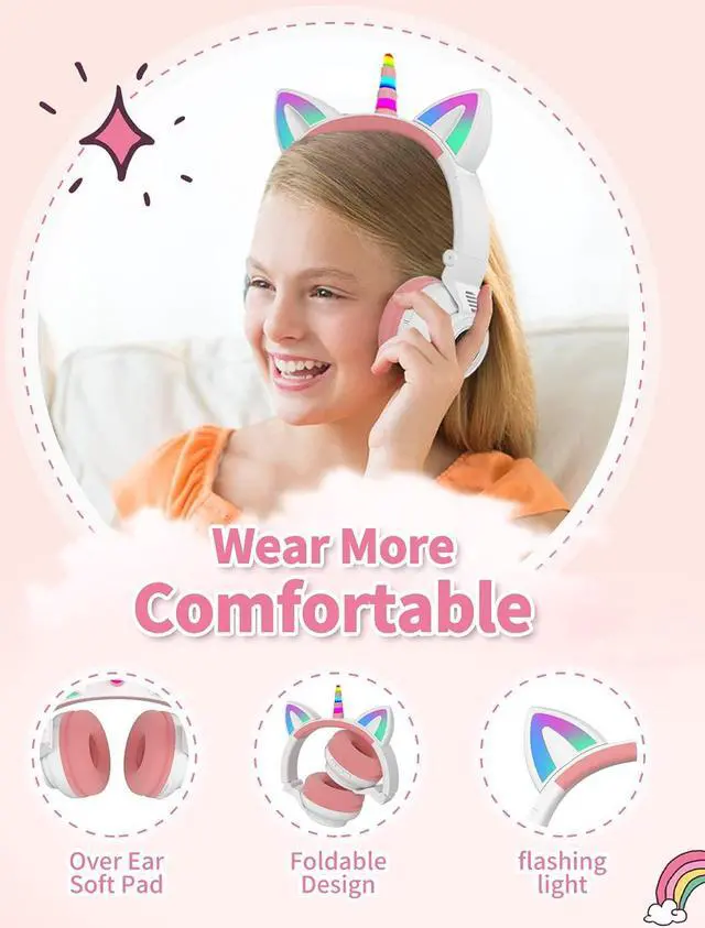 Alt view image 3 of 5 - YUSONIC Unicorn Kids Headphones for Girls,Unicorn Bluetooth Headphones Foldable for Girls Toddlers Tablet/pad/ fire,Light Up Kids Wireless Headphone Birthday Gifts (white pink)