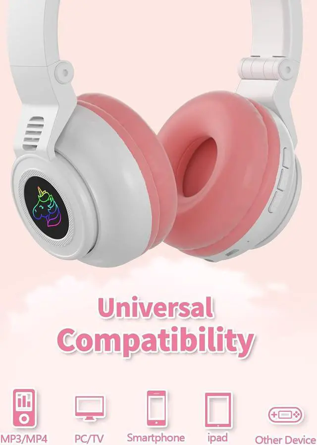 Alt view image 4 of 5 - YUSONIC Unicorn Kids Headphones for Girls,Unicorn Bluetooth Headphones Foldable for Girls Toddlers Tablet/pad/ fire,Light Up Kids Wireless Headphone Birthday Gifts (white pink)